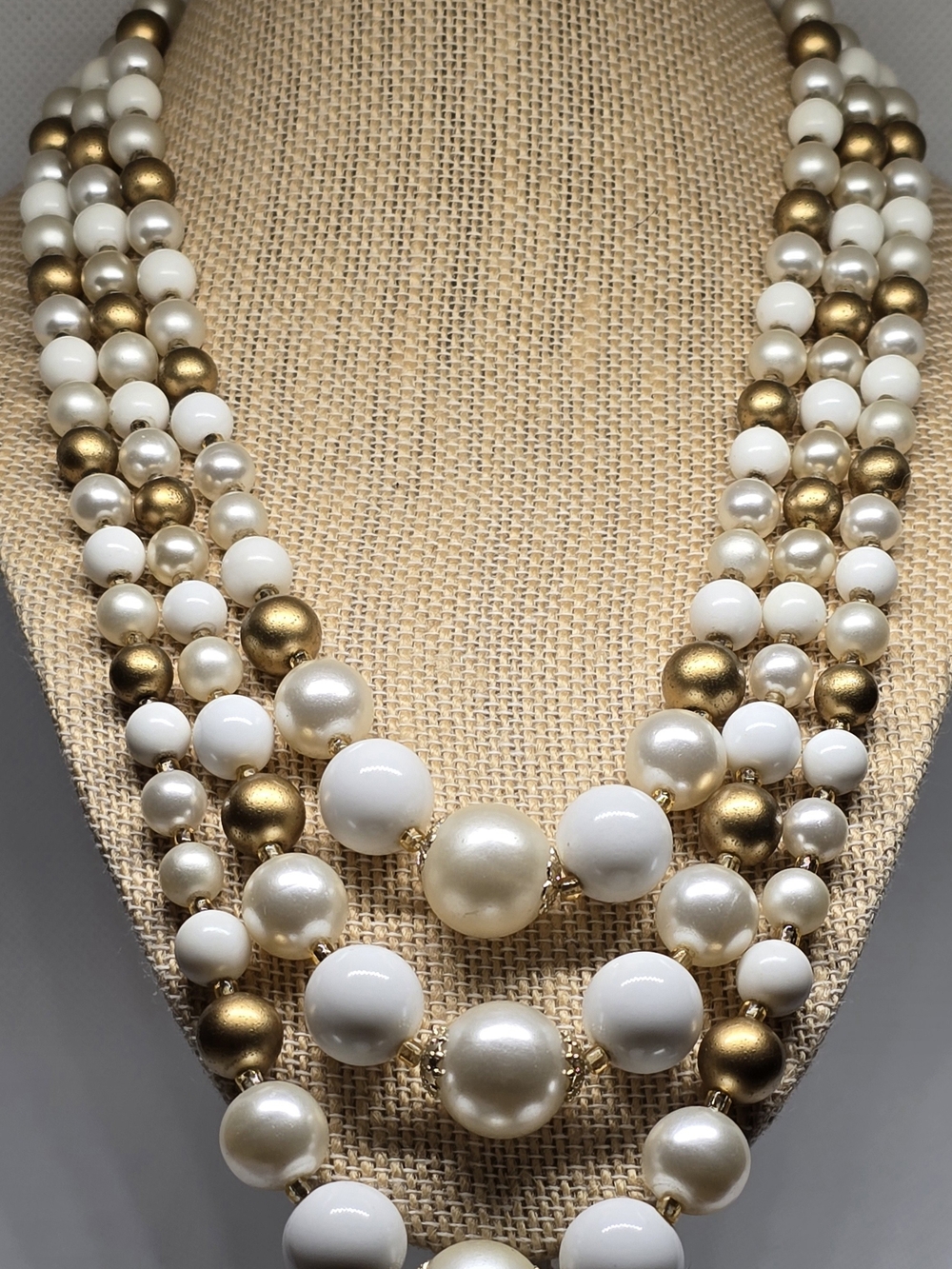 Elegant White and Gold Multi-Strand Pearl Necklace - Classic Women's Jewelry